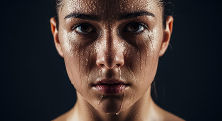 Determined caucasian female athlete with intense focus and sweat on faceの素材