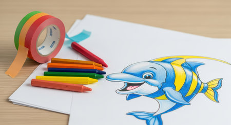 Colorful drawing of a smiling cartoon fish with crayons and decorative tapeの素材
