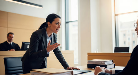 Female lawyer arguing in courtroom with judge present during trialの素材
