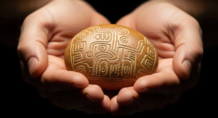 Intricately carved stone egg held in hands with detailed patternsの素材