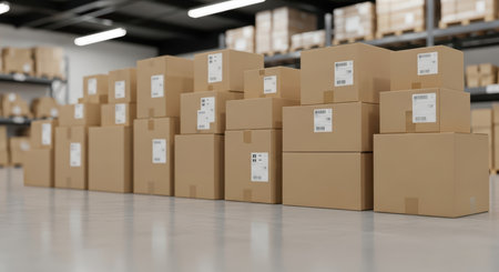 Stacked cardboard boxes in warehouse storage facility interiorの素材