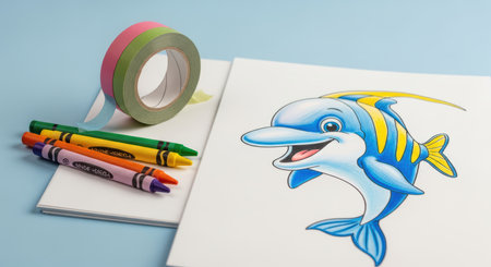 Colorful dolphin drawing with crayons and washi tape on blue backgroundの素材