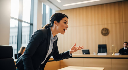Female lawyer arguing in courtroom: professional caucasian adult in intense legal discussionの素材