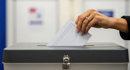 Female hand casting vote in ballot box during electionsの素材