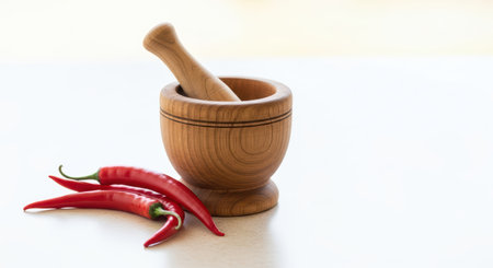 Wooden mortar with pestle and red chili peppers on white surfaceの素材