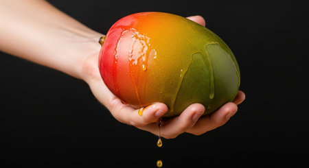 Hand holding juicy ripe mango against black backgroundの素材