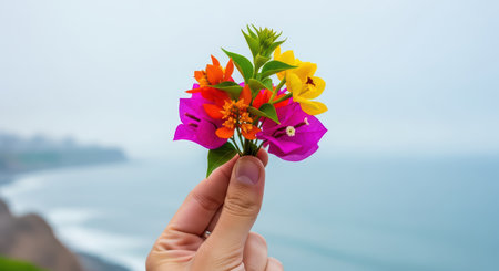 Colorful bouquet of wildflowers against ocean backgroundの素材