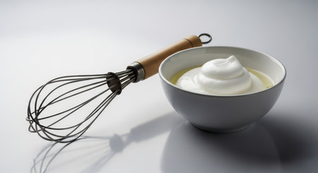 Bowl of whipped cream with whisk on smooth white surfaceの素材