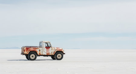 Rustic pickup truck on vast salt flat under clear skyの素材