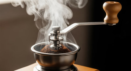 Manual coffee grinder with wooden handle and freshly ground coffeeの素材