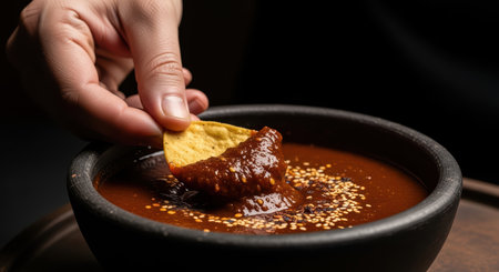 Hand dipping tortilla chip in spicy salsa bowl with sesame seedsの素材