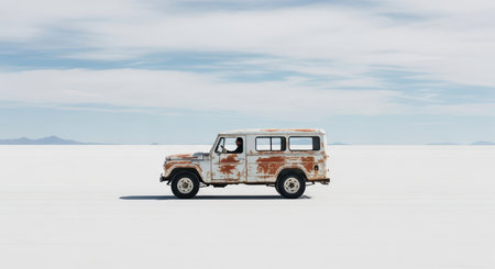 Weathered offroad vehicle on salt flats under vast skyの素材