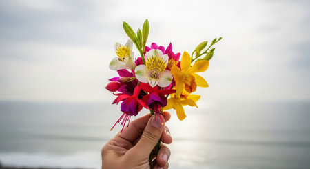Colorful bouquet held by hand against serene ocean backgroundの素材