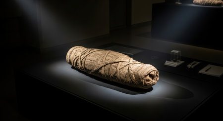 Ancient egyptian mummy in exhibit display with artisan wrappingの素材