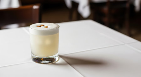 Classic pisco sour cocktail on a white tablecloth in a restaurant settingの素材