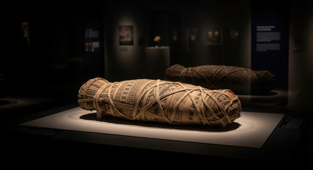 Ancient egyptian mummy displayed in dimly lit museum exhibitの素材