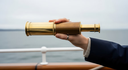 Male hand holding brass telescope on ship with calm ocean viewの素材