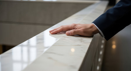 Close-up of male hand touching smooth marble surface in modern interiorの素材
