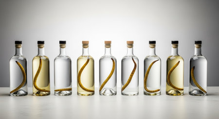 Collection of mezcal bottles with worms on a white surfaceの素材