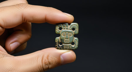 Hand holding ancient stone amulet with intricate carvingsの素材