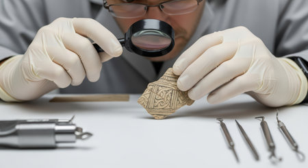 Male archaeologist examining artifact with magnifying glass in laboratoryの素材