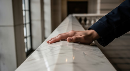 Hand touching marble railing in elegant building interiorの素材