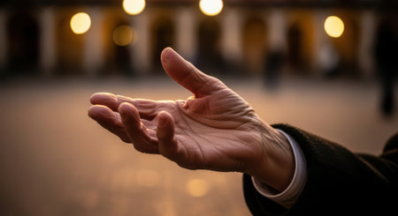 Close-up of outstretched hand seeking assistance in warm evening lightの素材