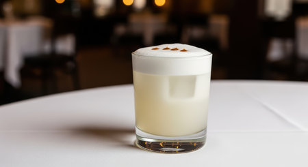 Creamy classic whiskey sour cocktail with bitters garnish on white tableの素材