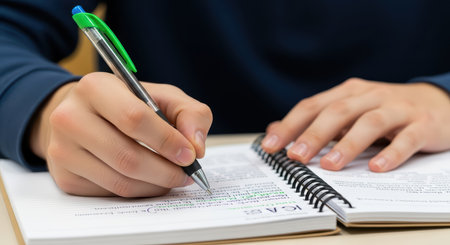 Close-up of person writing with pen in notebookの素材