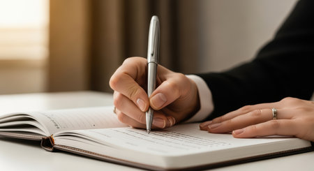Caucasian female writing in journal with silver pen at wooden deskの素材