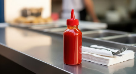Red sauce bottle on metal counter in restaurant settingの素材