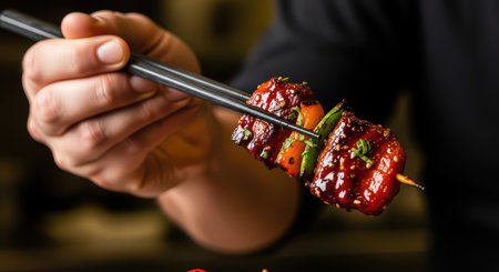Close-up of grilled glazed meat skewer with vegetables held by male hand using chopsticksの素材