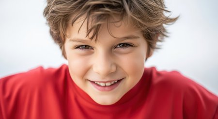 Smiling caucasian boy in red shirtの素材