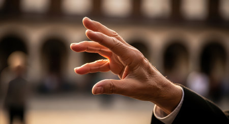 Caucasian adult hand gesture in urban settingの素材