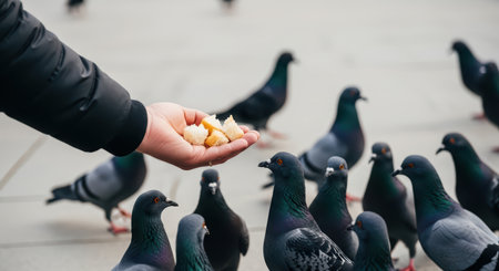 Hand feeding pigeons in urban settingの素材