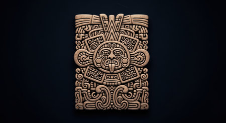 Intricate aztec-inspired carving on dark backgroundの素材