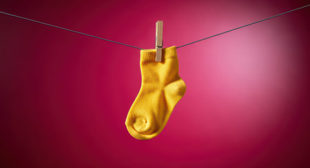 Vibrant yellow sock hanging on clothesline against red backgroundの素材