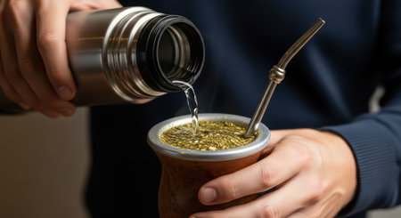 Preparing traditional yerba mate with hot water pour in gourdの素材