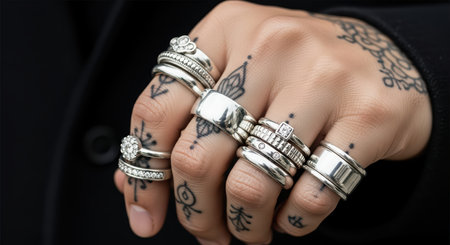 Close-up of tattooed hand wearing multiple silver ringsの素材
