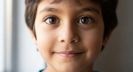 Close-up portrait of hispanic male child with brown eyes and dark hairの素材