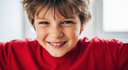 Smiling caucasian male child in red shirt close-upの素材