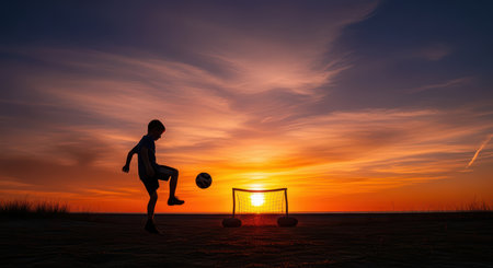 Young caucasian male practicing soccer at sunset on beachの素材