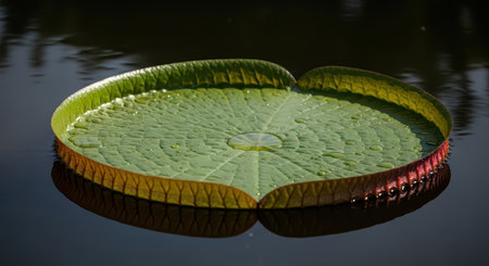 Giant green water lily pad floating on calm pond surfaceの素材
