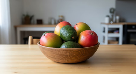 Fresh mangoes and avocados in wooden bowl on kitchen tableの素材