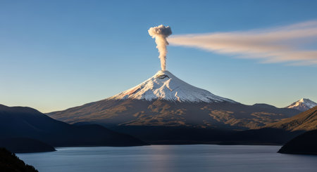 Majestic volcanic eruption at sunset with snow-capped peaks and serene lakeの素材