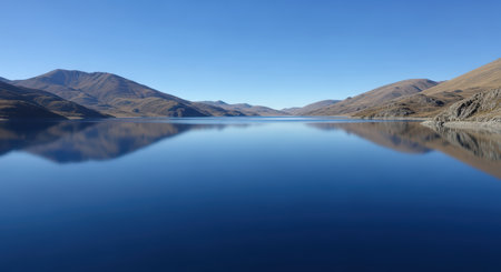 Serene mountain lake reflection under clear blue skyの素材