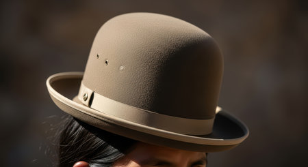 Close-up of bowler hat on young adult femaleの素材
