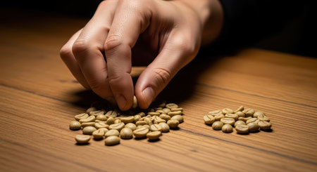 Close-up of hand sorting raw coffee beans on wooden surfaceの素材