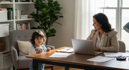 Young caucasian child interacting with adult woman in home office settingの素材