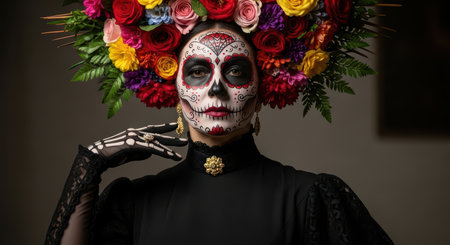Female in traditional day of the dead makeup with colorful floral headdress celebrating dÃ­a de los muertosの素材